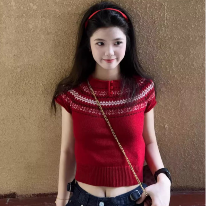 巨好看的紅色費爾島針織毛衣短袖t恤女春夏新款修身顯瘦套頭上衣