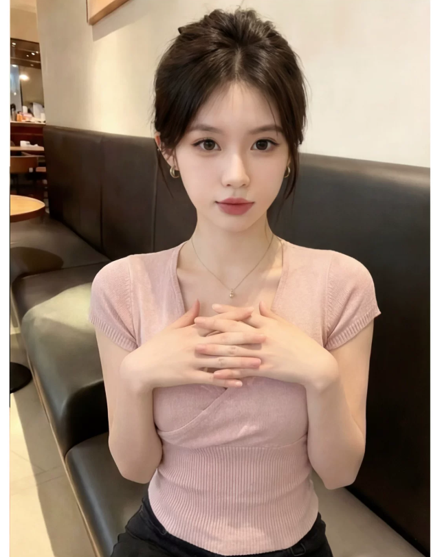 粉色方領短款短袖正肩t恤女夏季設計感小眾修身緊身針織冰絲上衣