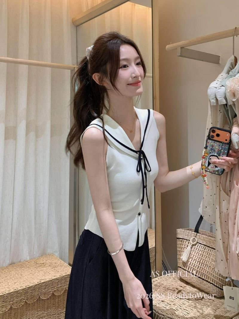 韓系海軍領短袖針織衫女夏季修身顯瘦時尚百搭獨特絕美無袖上衣