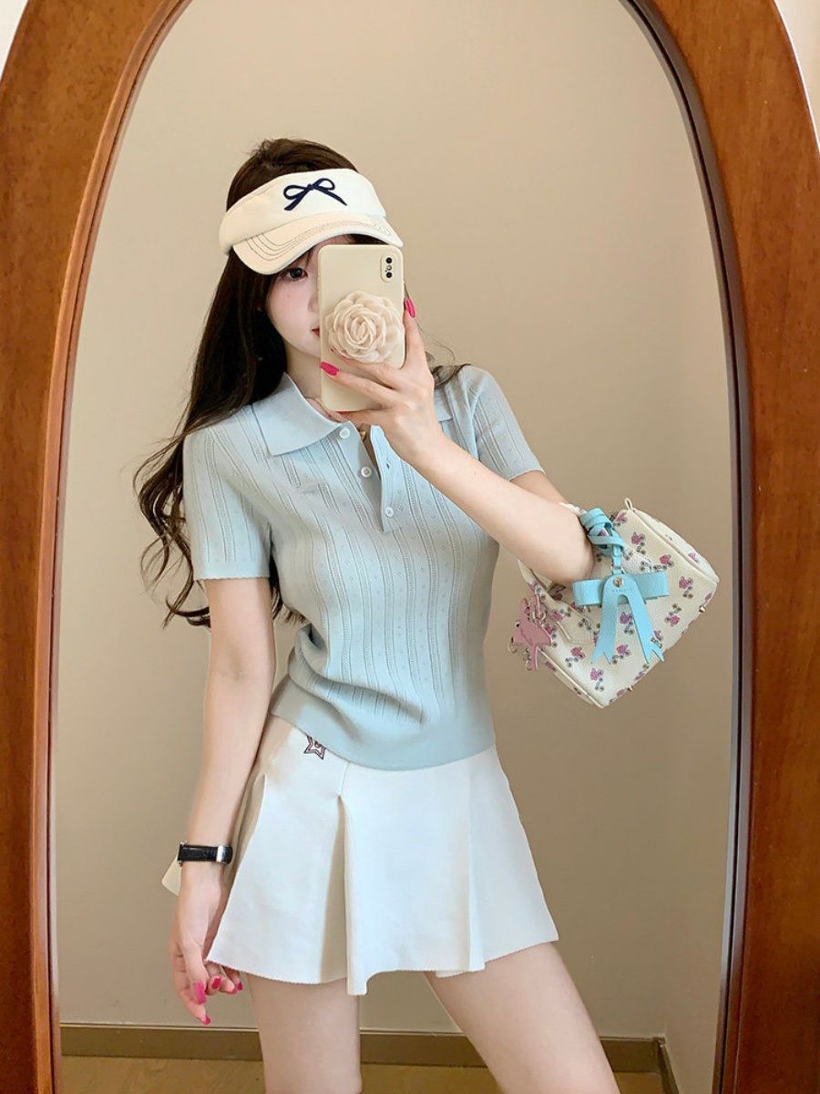 藍色polo領冰絲針織衫短袖女夏純欲修身正肩短款上衣