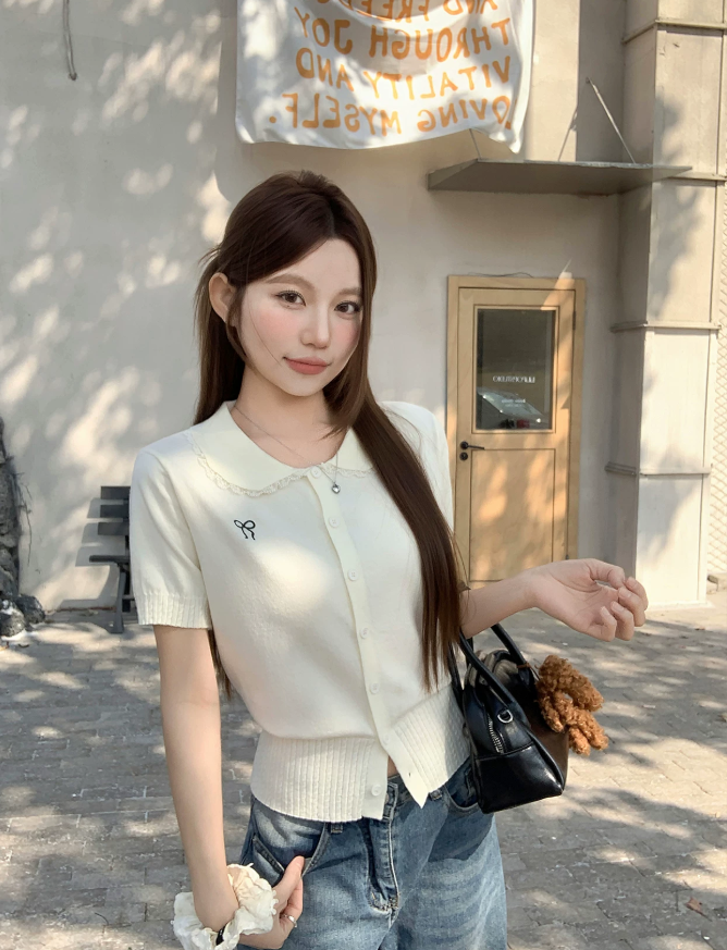 韓系蝴蝶結娃娃領短袖針織開衫夏季新款修身顯瘦時尚溫柔百搭上衣