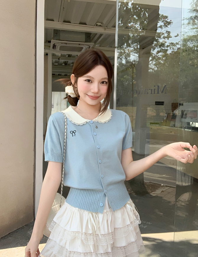 韓系蝴蝶結娃娃領短袖針織開衫夏季新款修身顯瘦時尚溫柔百搭上衣