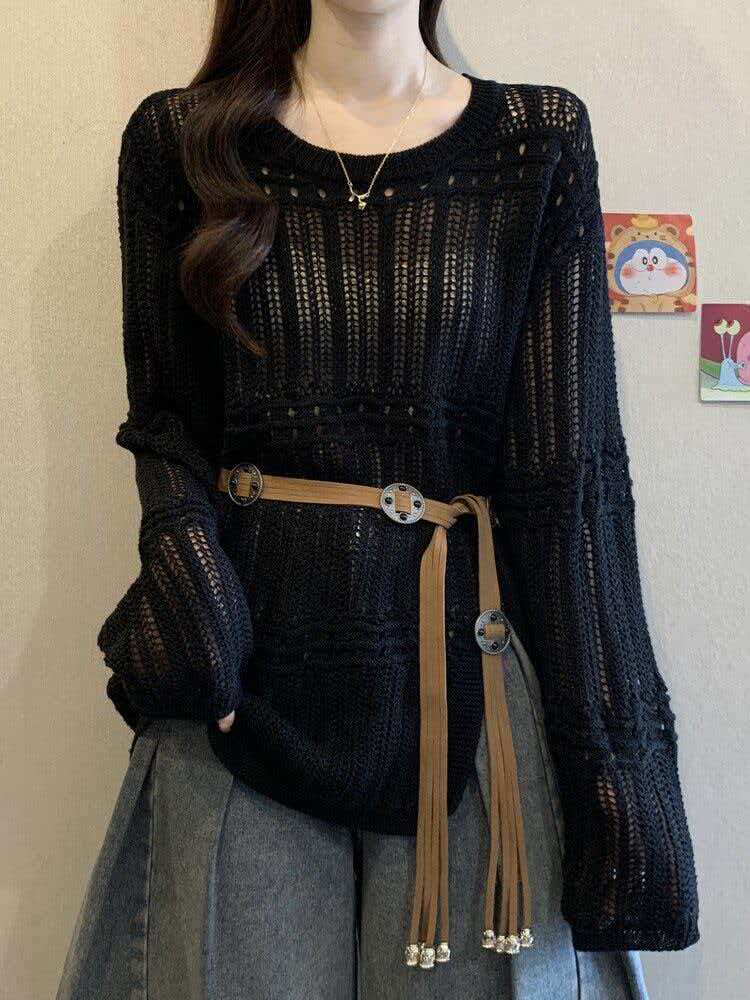 實拍鏤空罩衫毛衣女外搭春夏新款胖MM顯瘦中長款系腰帶上衣