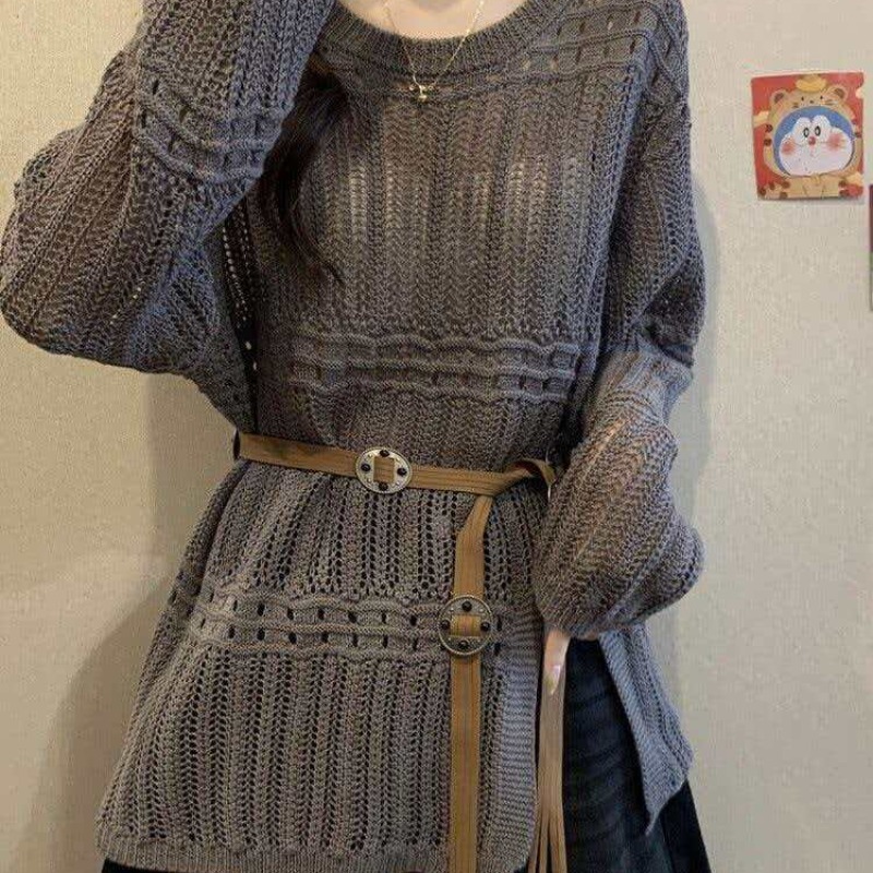 實拍鏤空罩衫毛衣女外搭春夏新款胖MM顯瘦中長款系腰帶上衣