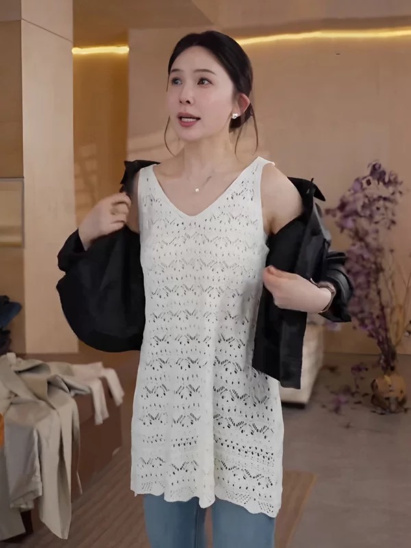 韓國東大門夏季新款甜美風復古手工鉤花針織背心桃心領U美背上衣