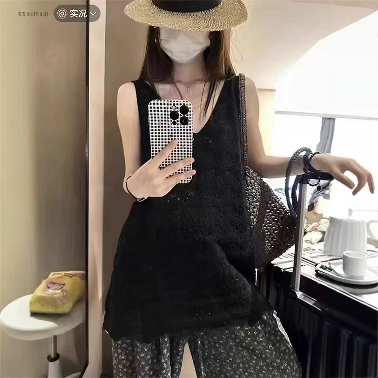 韓國東大門夏季新款甜美風復古手工鉤花針織背心桃心領U美背上衣
