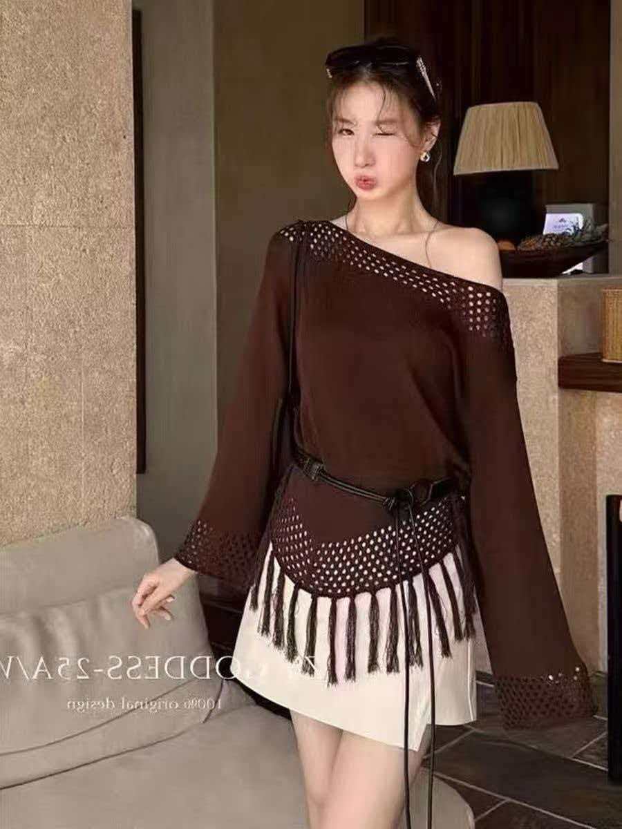 早秋新款韓系氣質鏤空針織衫女寬松顯瘦不規則流蘇下擺上衣