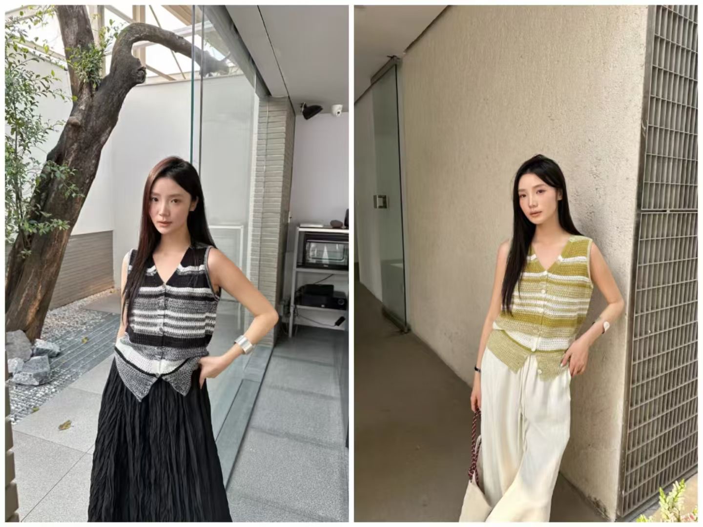 韓系v領撞色條紋無袖針織馬甲女夏天設計感修身時髦顯瘦洋氣上衣