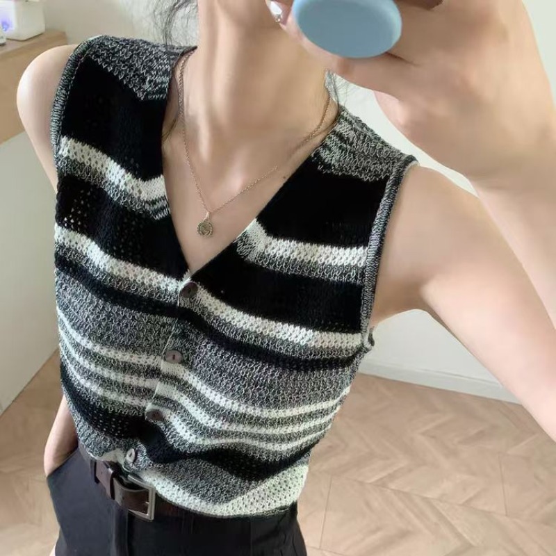 韓系v領撞色條紋無袖針織馬甲女夏天設計感修身時髦顯瘦洋氣上衣