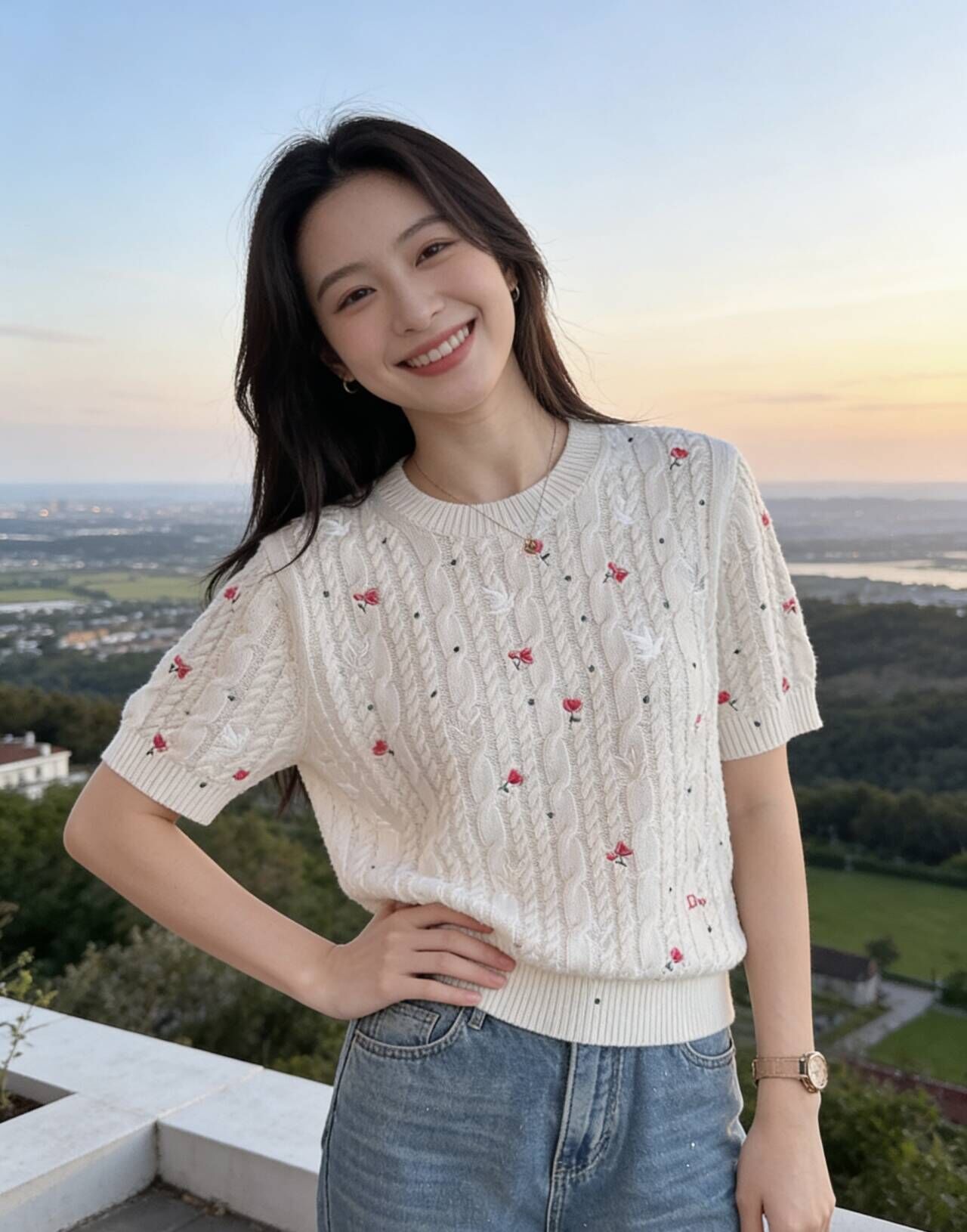 花園世界d小姐早春款奶油白羊絨絞花玫瑰小鳥刺繡針織短袖5091