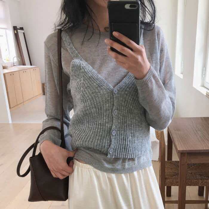 實拍優雅疊穿顯瘦針織兩件套女春季新款寬松內搭舒適百搭馬甲套裝