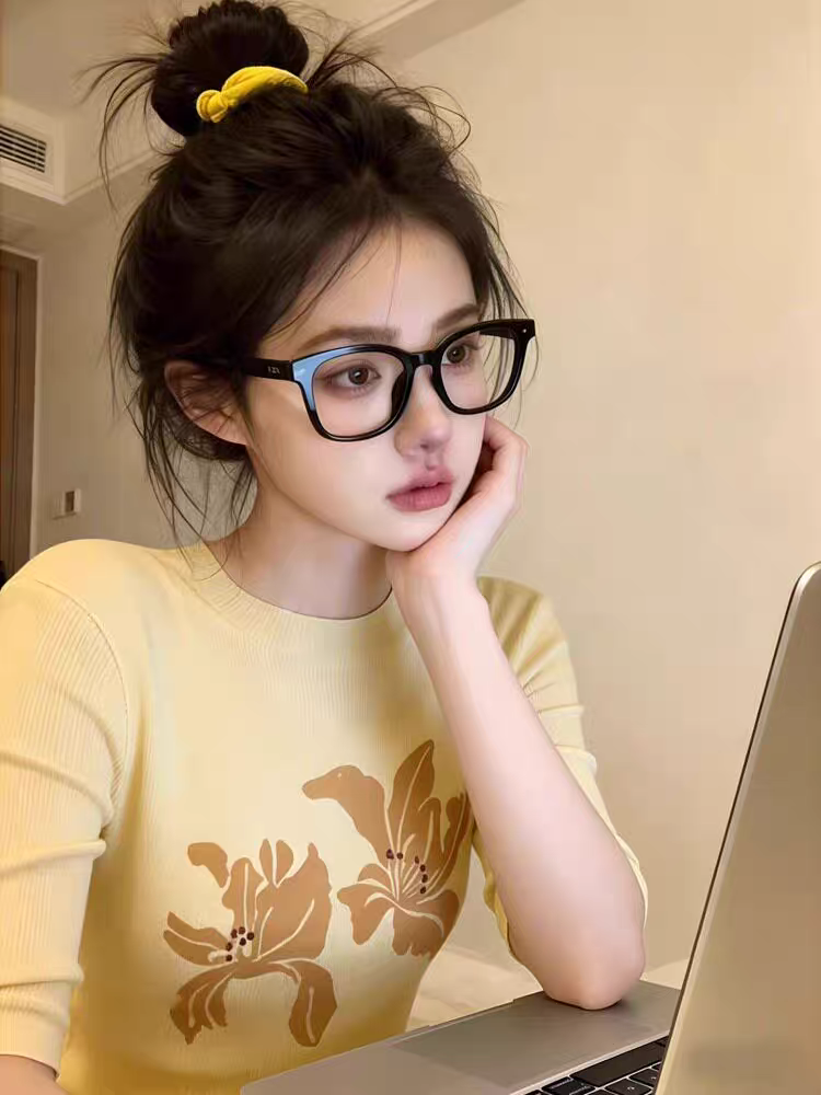 夏季獨特辣妹修身顯瘦針織半袖t恤女設計感黃色花朵印花百搭上衣