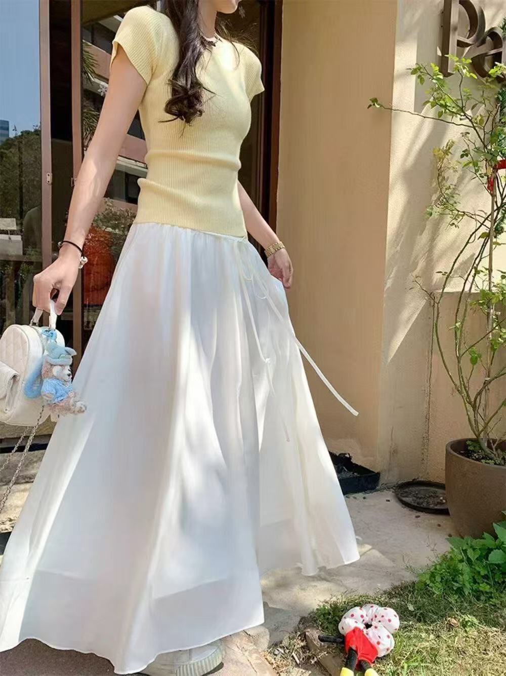 韓版正肩圓領修身短袖T恤女夏季新款緊身顯瘦奶黃色辣妹針織上衣
