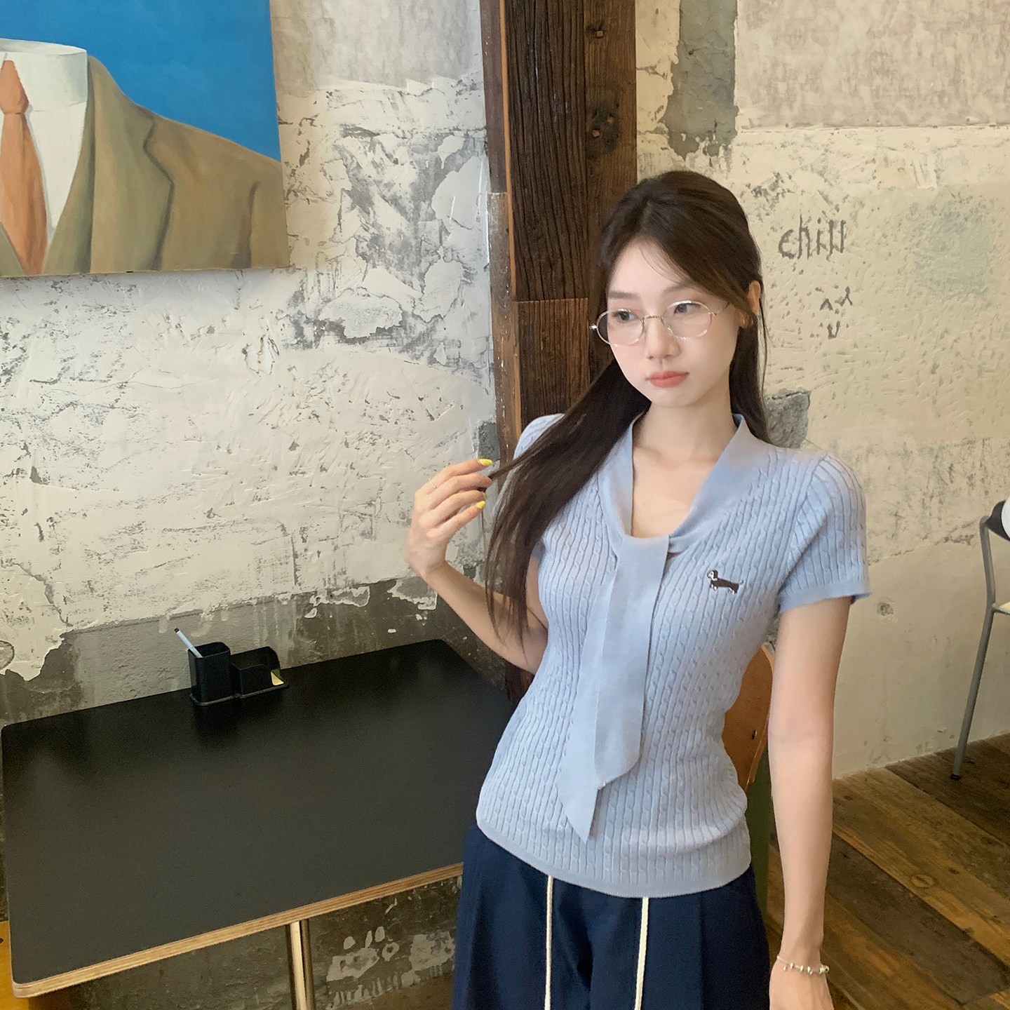 烏77圍巾領臘腸狗刺繡針織短袖女夏韓系短款百搭修身顯瘦T恤上衣