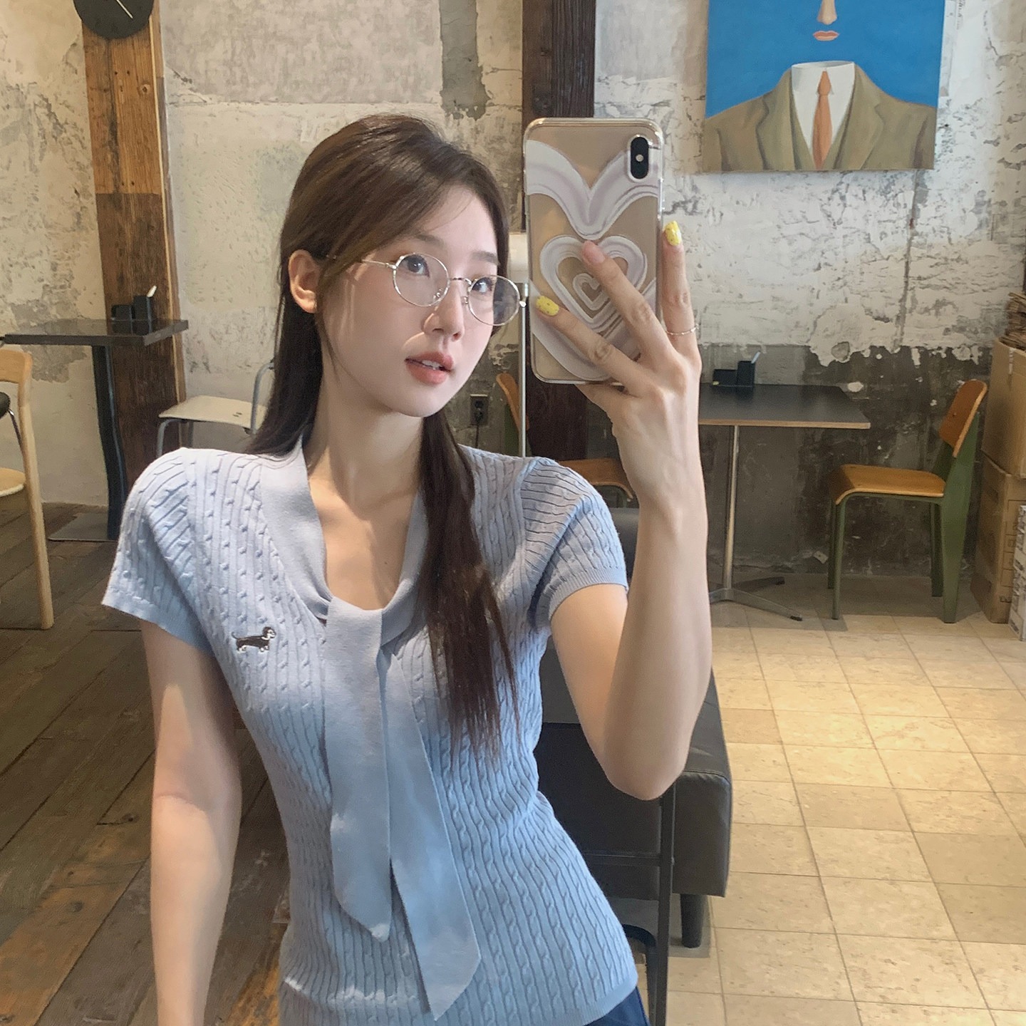 烏77圍巾領臘腸狗刺繡針織短袖女夏韓系短款百搭修身顯瘦T恤上衣