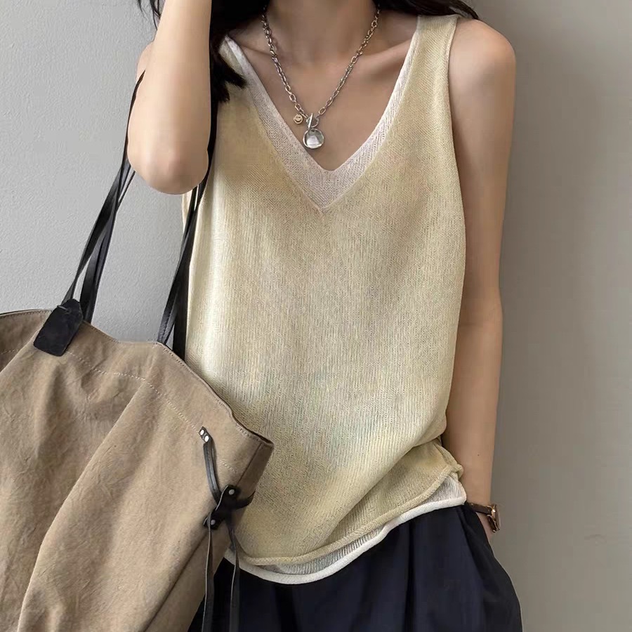 撞色假兩件V領冰絲亞麻針織背心女夏外穿坎肩法式絕美無袖小上衣