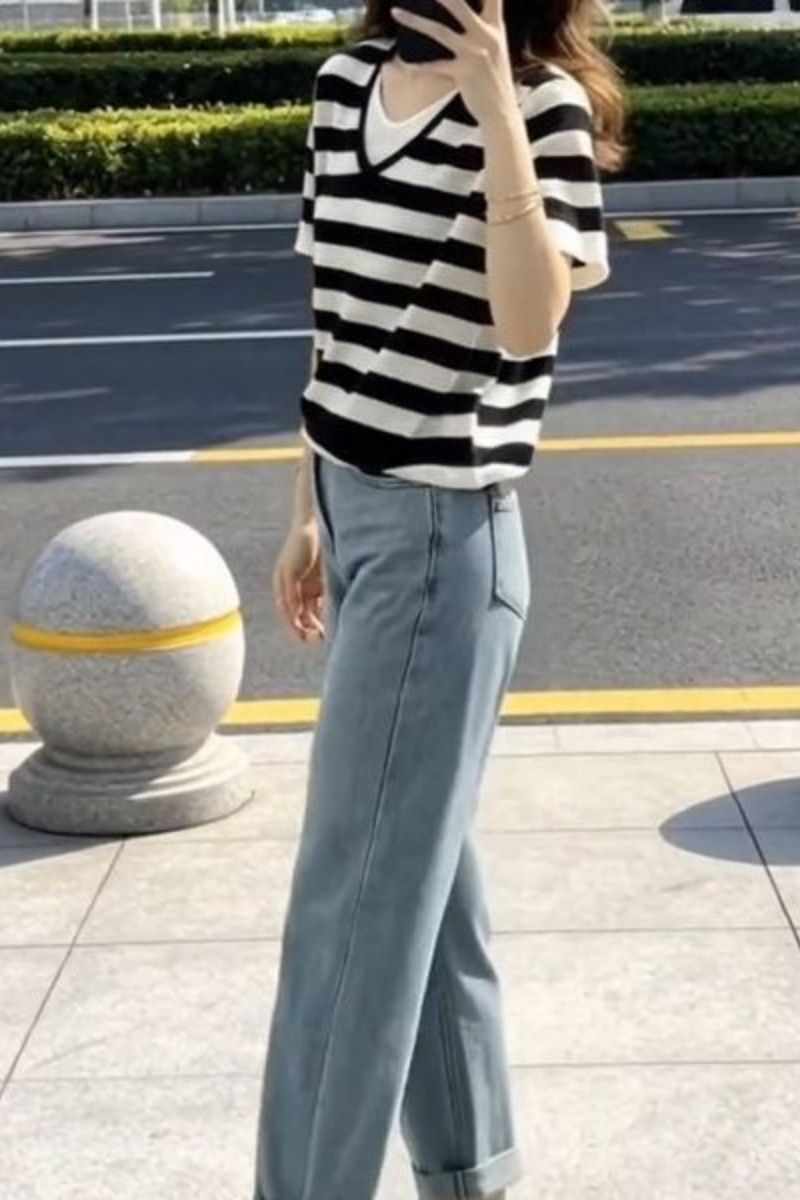 韓系chic條紋假兩件短袖t恤女裝2026年夏季mm顯瘦遮肉減齡上衣