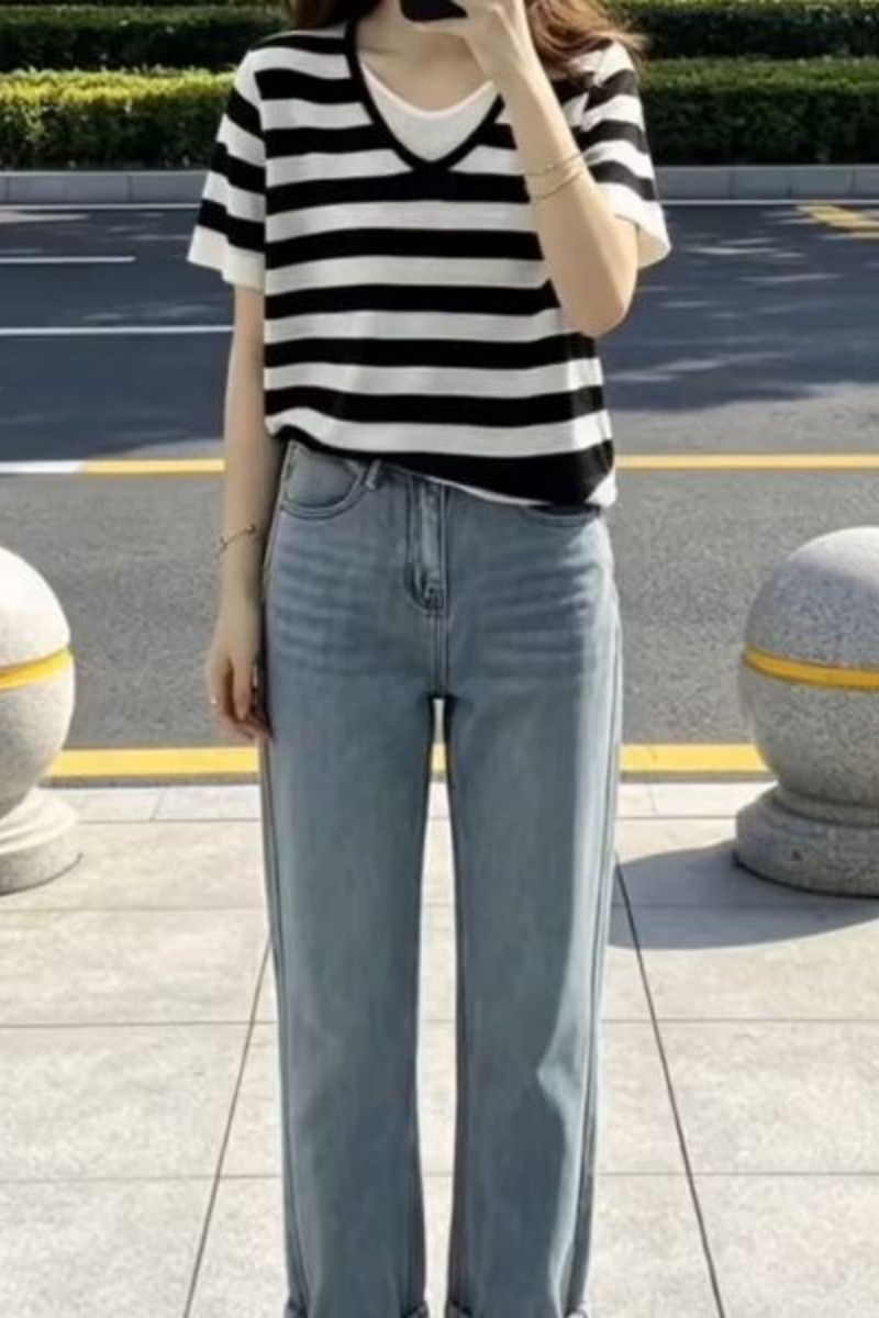 韓系chic條紋假兩件短袖t恤女裝2026年夏季mm顯瘦遮肉減齡上衣