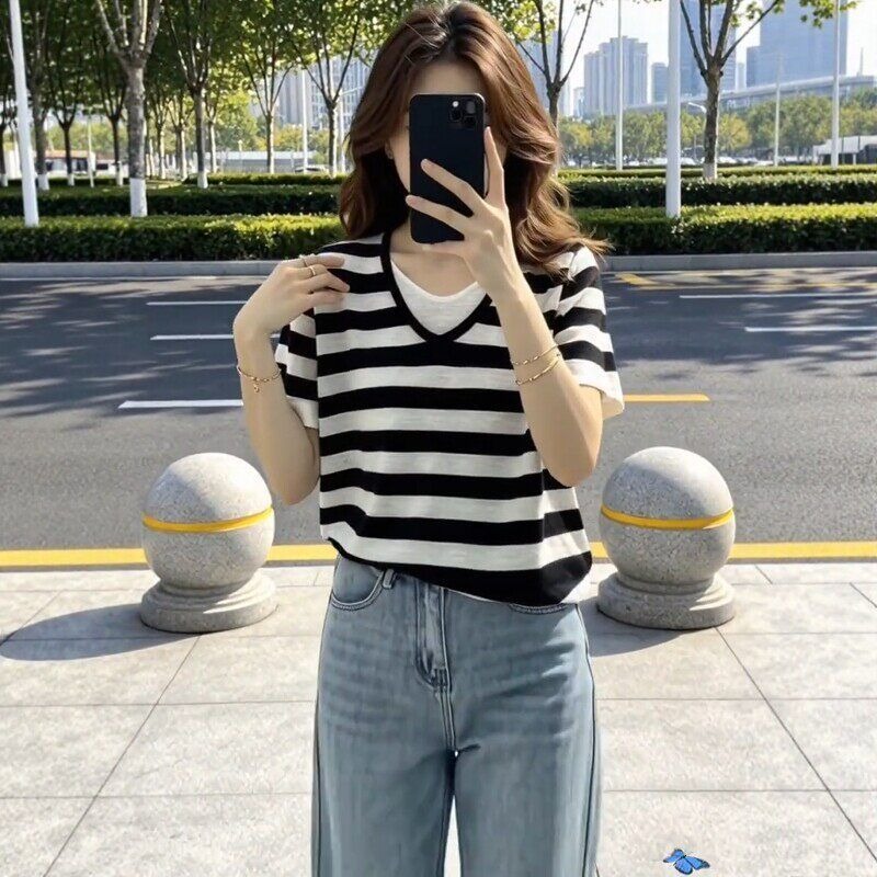 韓系chic條紋假兩件短袖t恤女裝2026年夏季mm顯瘦遮肉減齡上衣