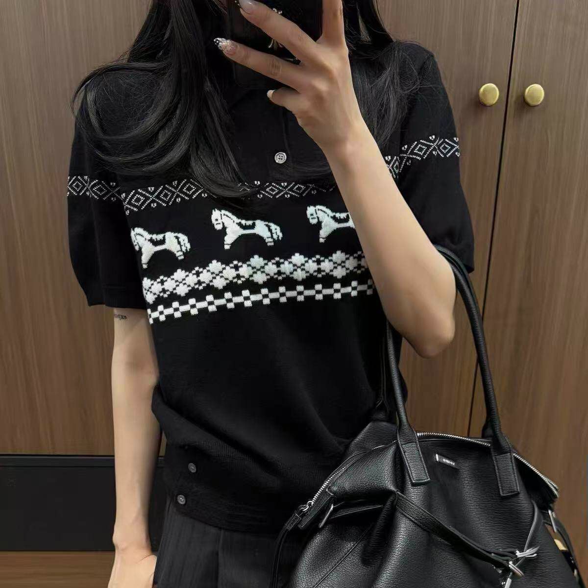 小馬費爾島提花翻領針織衫短袖男女夏季潮牌老錢風polo領上衣TEE