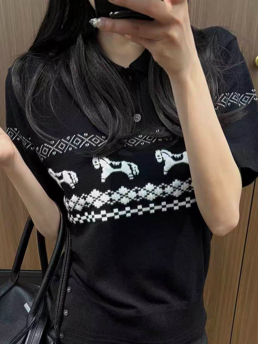小馬費爾島提花翻領針織衫短袖男女夏季潮牌老錢風polo領上衣TEE