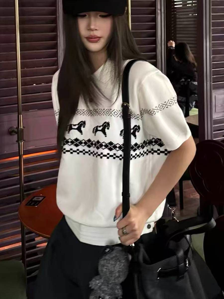 小馬費爾島提花翻領針織衫短袖男女夏季潮牌老錢風polo領上衣TEE