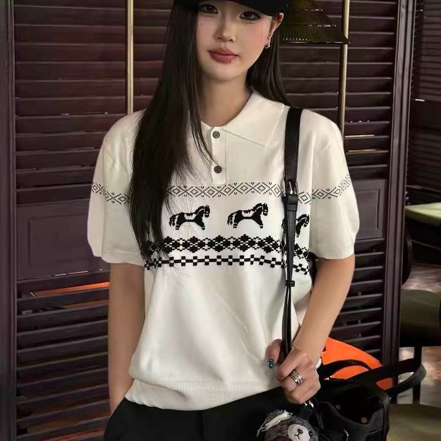 小馬費爾島提花翻領針織衫短袖男女夏季潮牌老錢風polo領上衣TEE