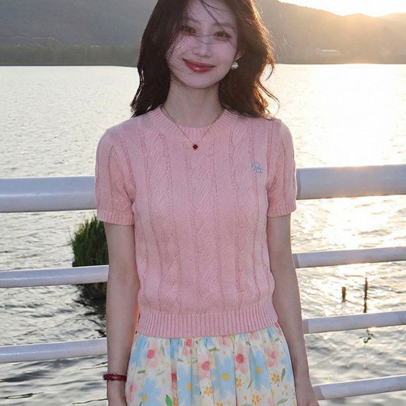 miu系粉色針織短袖女夏季休閑薄款圓領毛衣顯瘦氣質高級感上衣潮