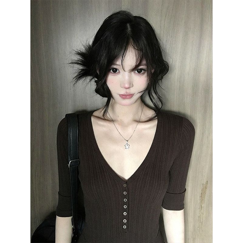美式復古v領中袖針織衫女夏季美拉德棕色正肩t恤修身顯瘦半袖上衣