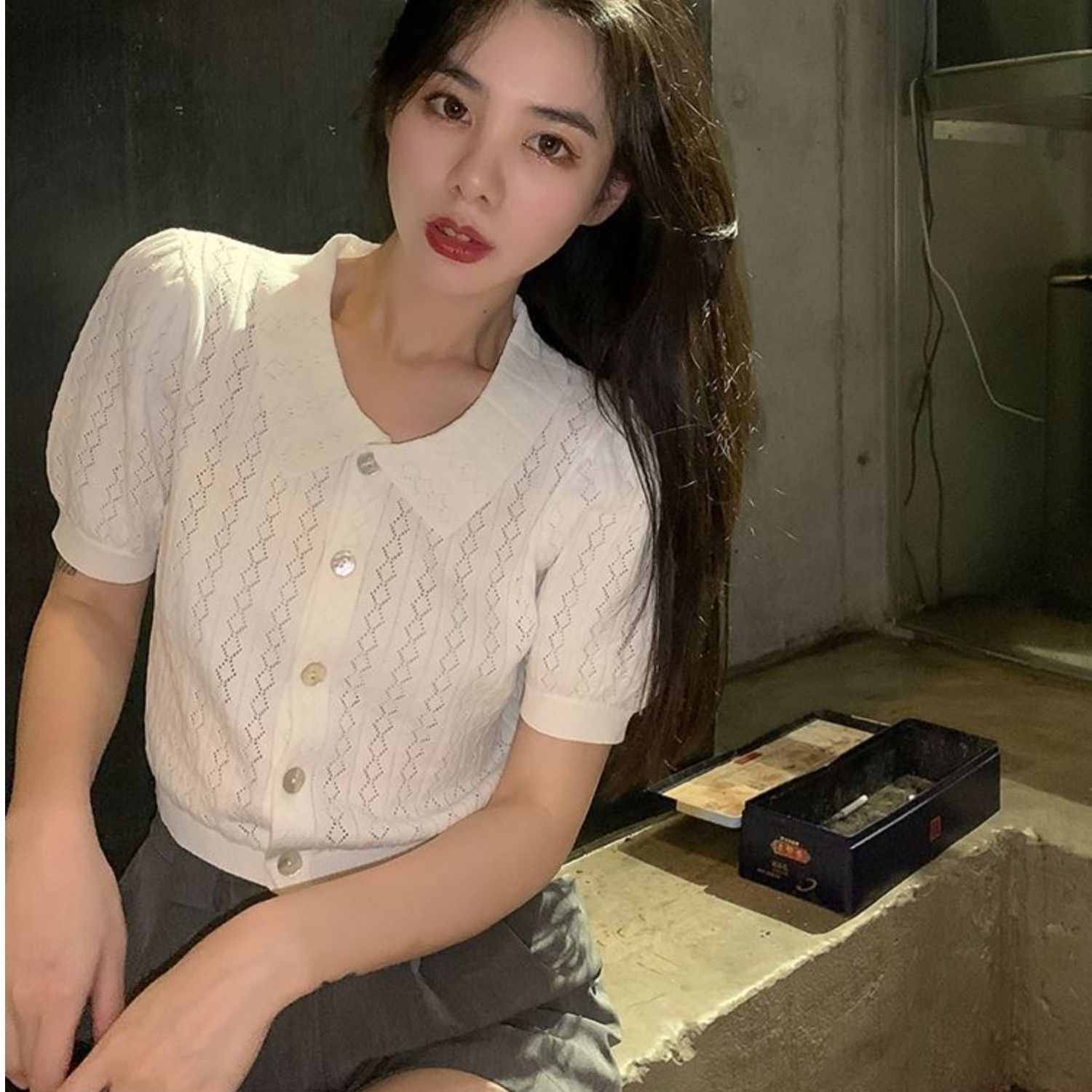 法式短款上衣針織開衫女薄款純白色polo領鏤空設計感修身百搭清純