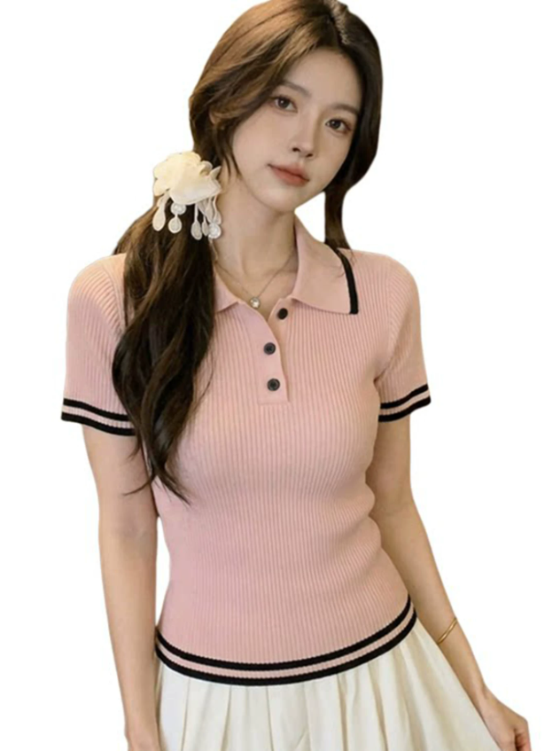 甜美粉色polo領短袖針織衫女裝夏季修身撞色收腰上衣