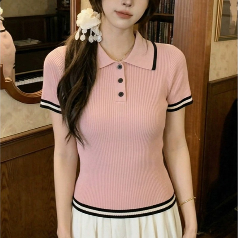甜美粉色polo領短袖針織衫女裝夏季修身撞色收腰上衣