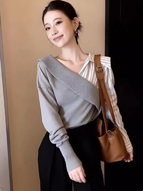 Miss zora條紋拼接假兩件針織衫女早春新款休閑寬松顯瘦長袖上衣
