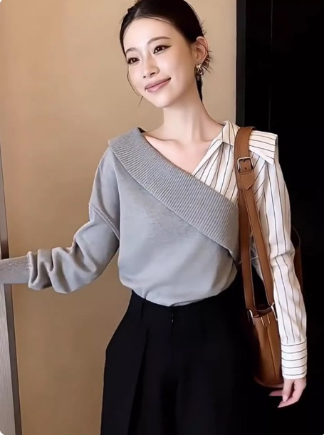 Miss zora條紋拼接假兩件針織衫女早春新款休閑寬松顯瘦長袖上衣