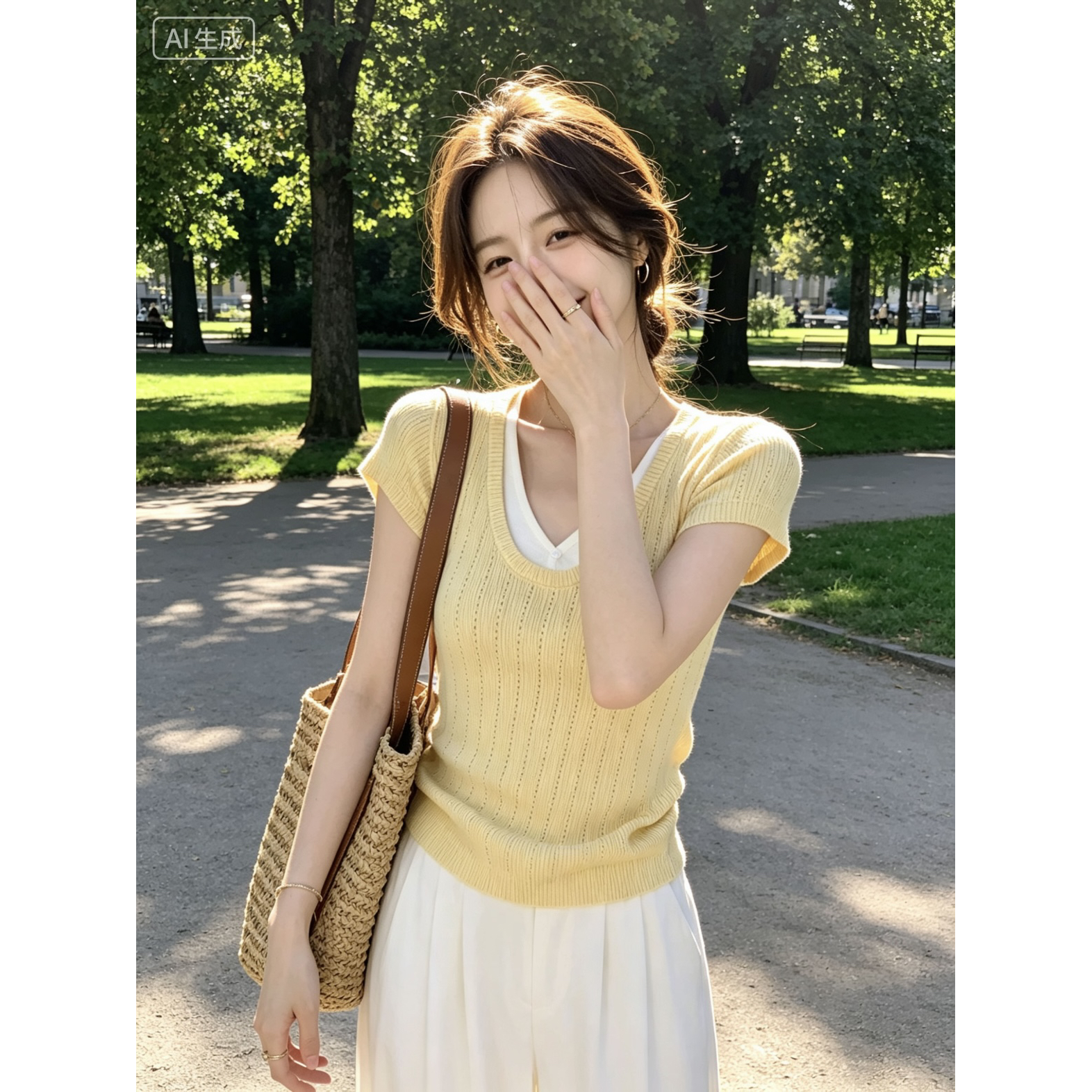 法式小資V領修身針織短袖t恤女夏季設計感撞色假兩件巨好看的上衣