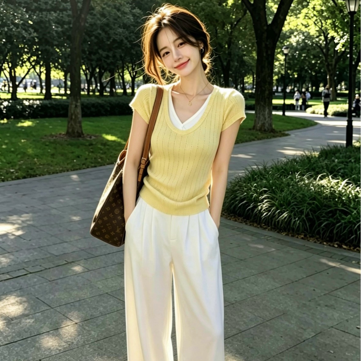法式小資V領修身針織短袖t恤女夏季設計感撞色假兩件巨好看的上衣