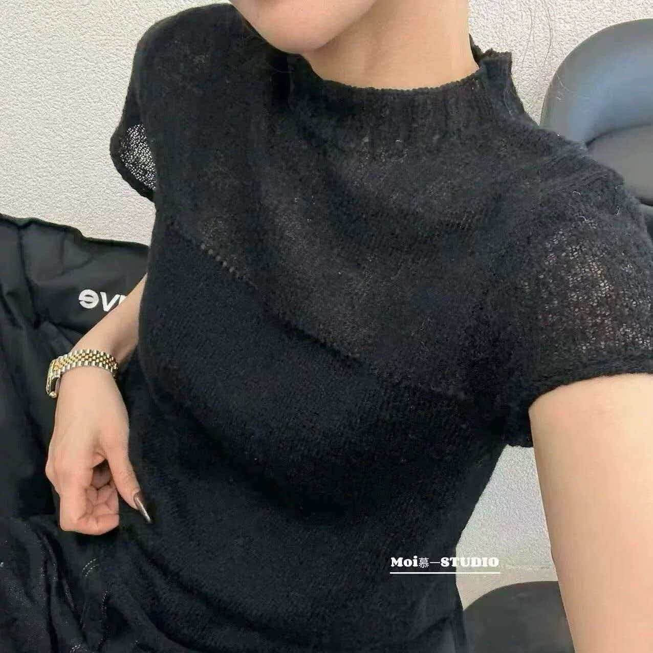 高級感韓系圓領微透針織衫短袖T恤2026春季新款修身顯瘦上衣女裝