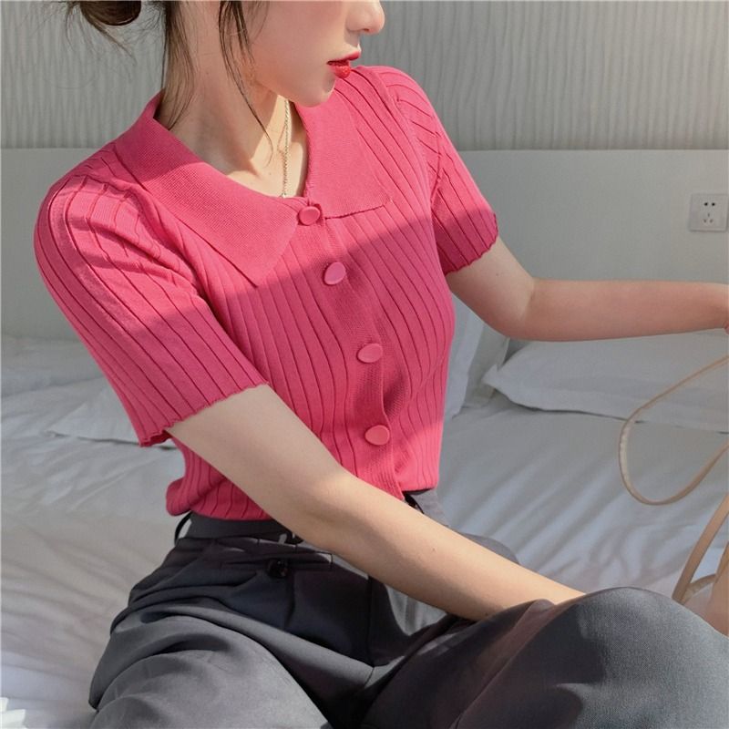 韓版2026年新款針織短袖t恤女裝夏季設計感polo領冰絲上衣潮