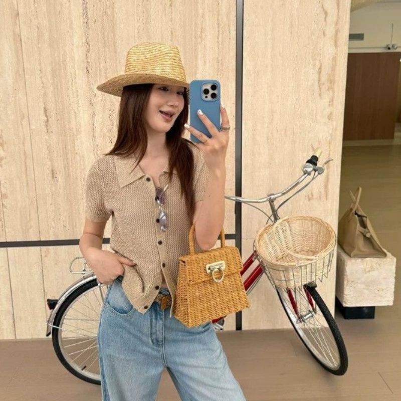 polo領鏤空短袖女夏季慵懶穿搭修身顯瘦針織衫正肩開衫上衣