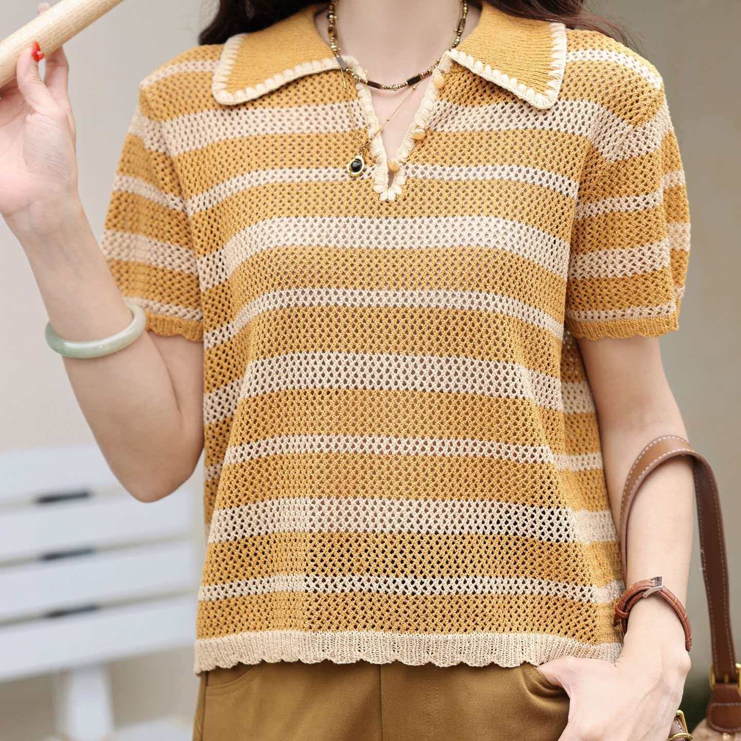 深圳南油高端女裝2026新款女裝條紋短袖針織衫女休閑百搭上衣ins