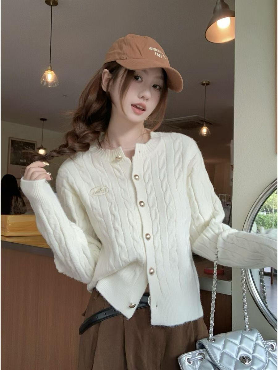 秋季女裝圓領小香風單排扣開衫麻花時尚小眾設計感針織開衫外套潮