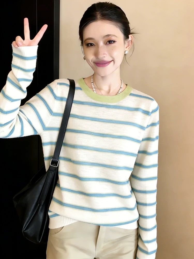 撞色條紋薄款冰絲T恤女圓領長袖慵懶風防曬罩衫2026新款春夏上衣