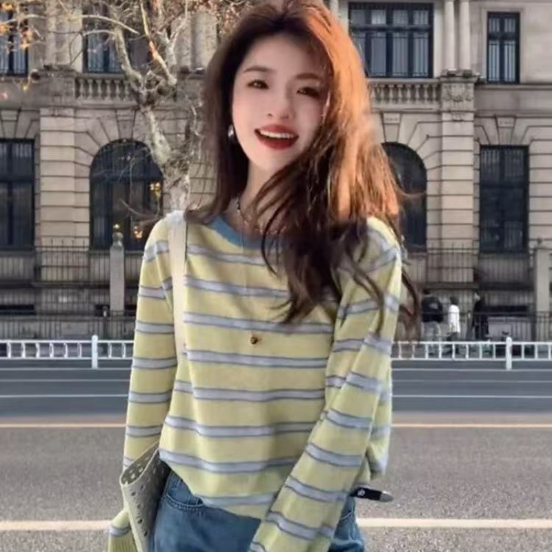 撞色條紋薄款冰絲T恤女圓領長袖慵懶風防曬罩衫2026新款春夏上衣