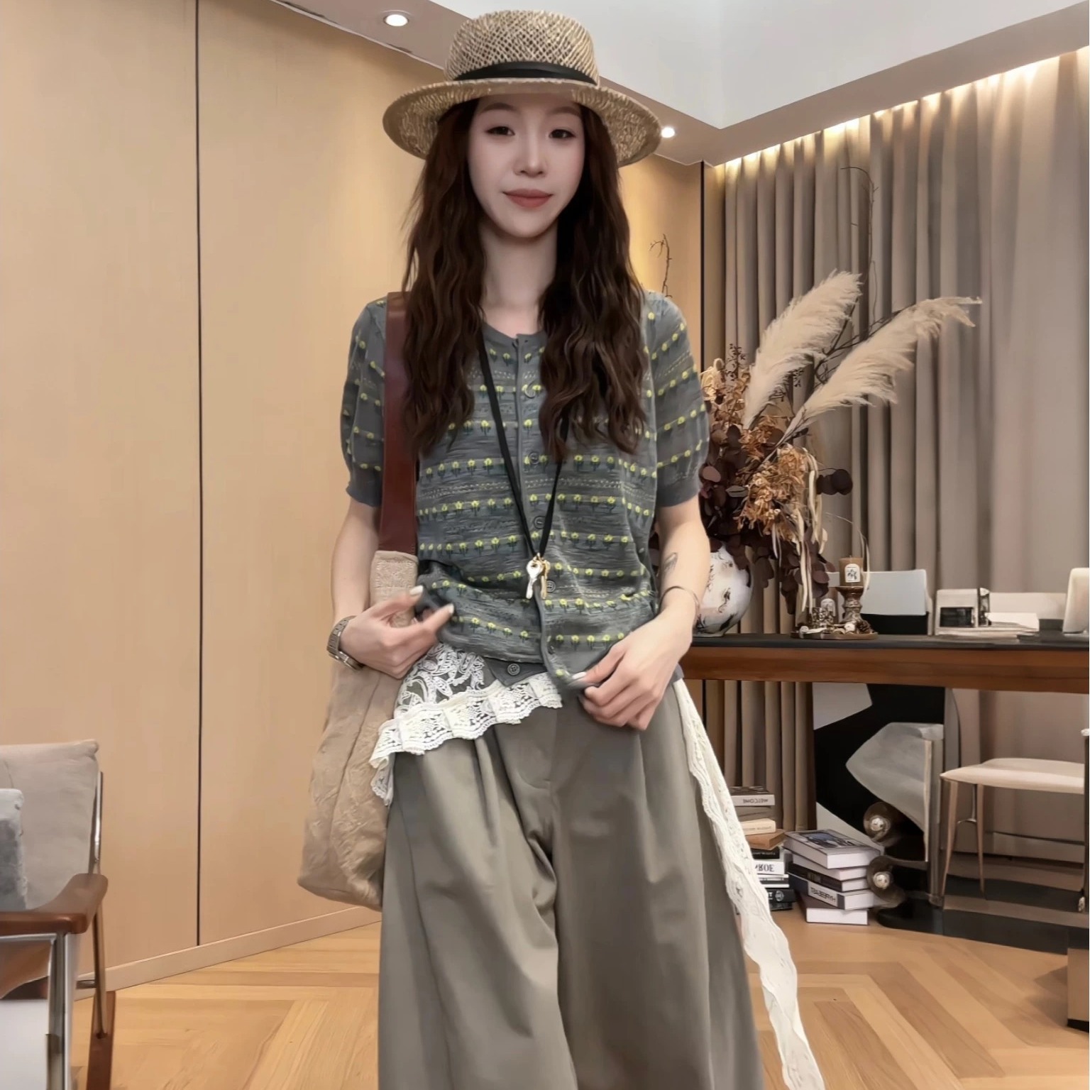 黃花條紋正肩短袖針織開衫女夏季韓系寬松慵懶松弛感獨特漂亮上衣