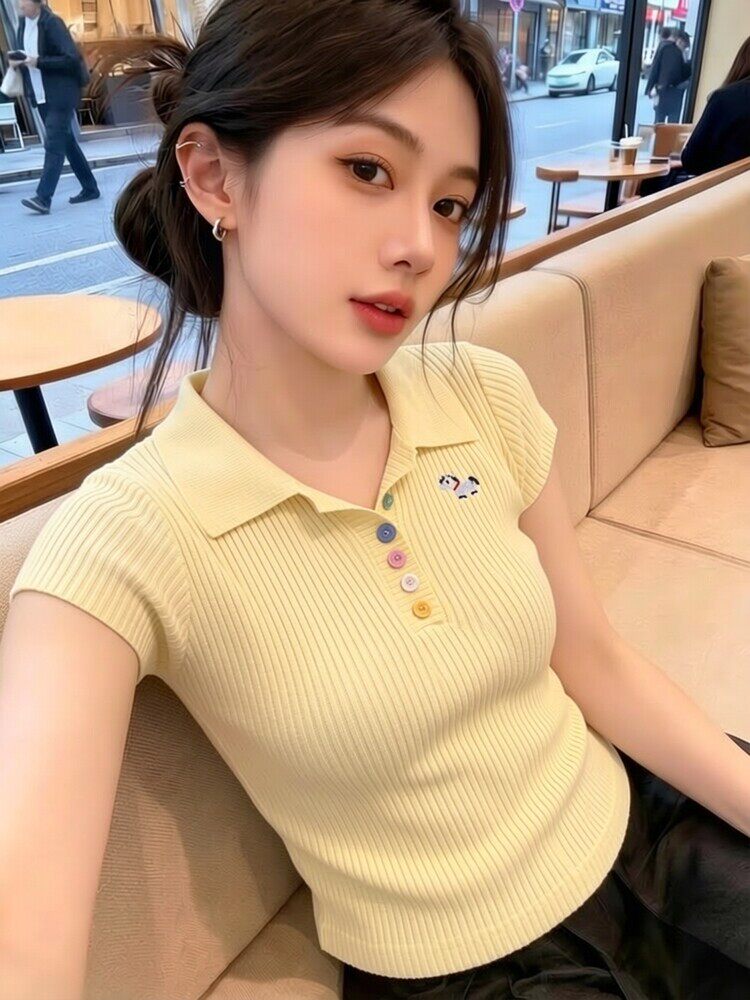 自留款推薦~多巴胺彩色扣polo領針織短袖女夏季新款修身顯瘦上衣