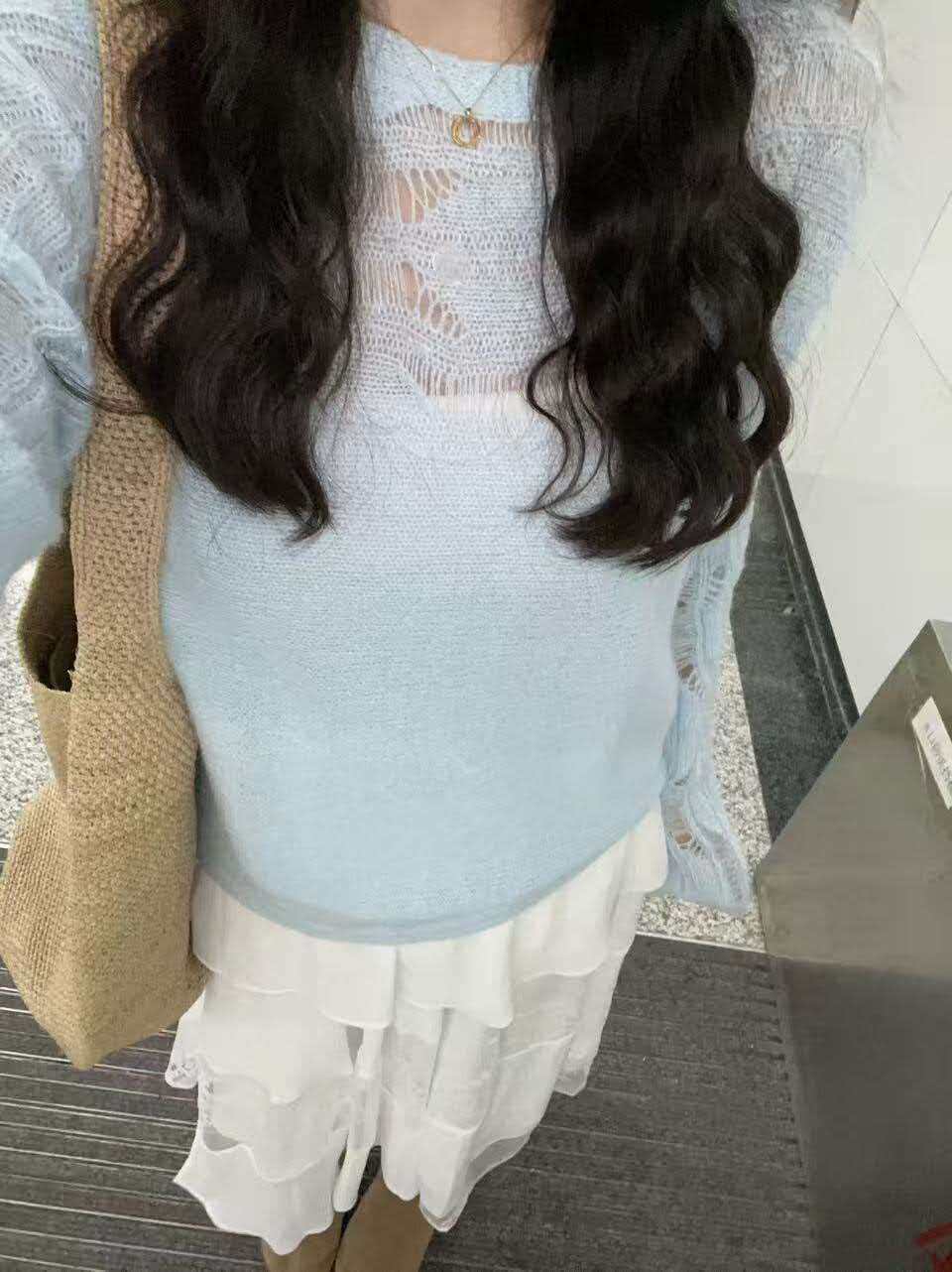 韓系漂亮藍色鏤空針織打底衫女春裝可外穿內搭獨特超好看毛衣上衣
