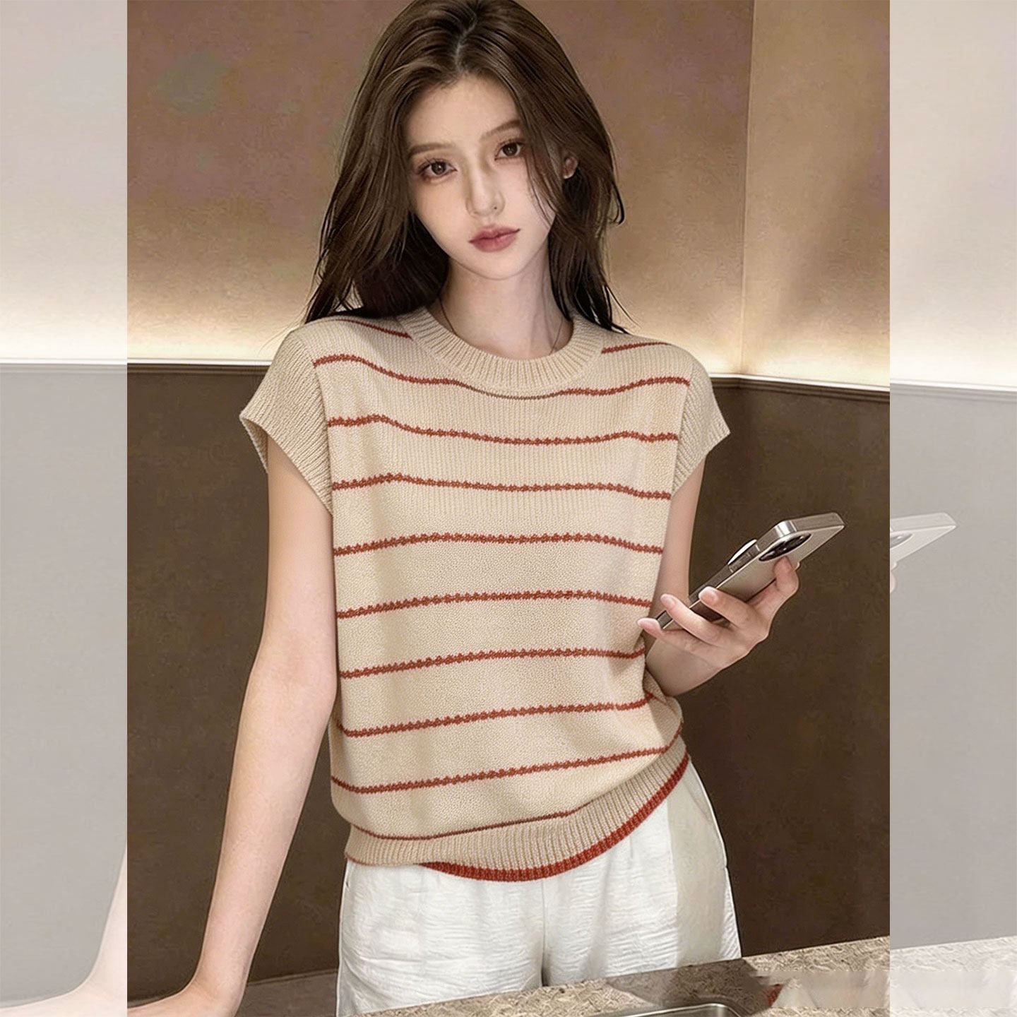 復古風杏色圓領套頭小飛袖針織衫女2026夏季新款休閑寬松通勤小衫