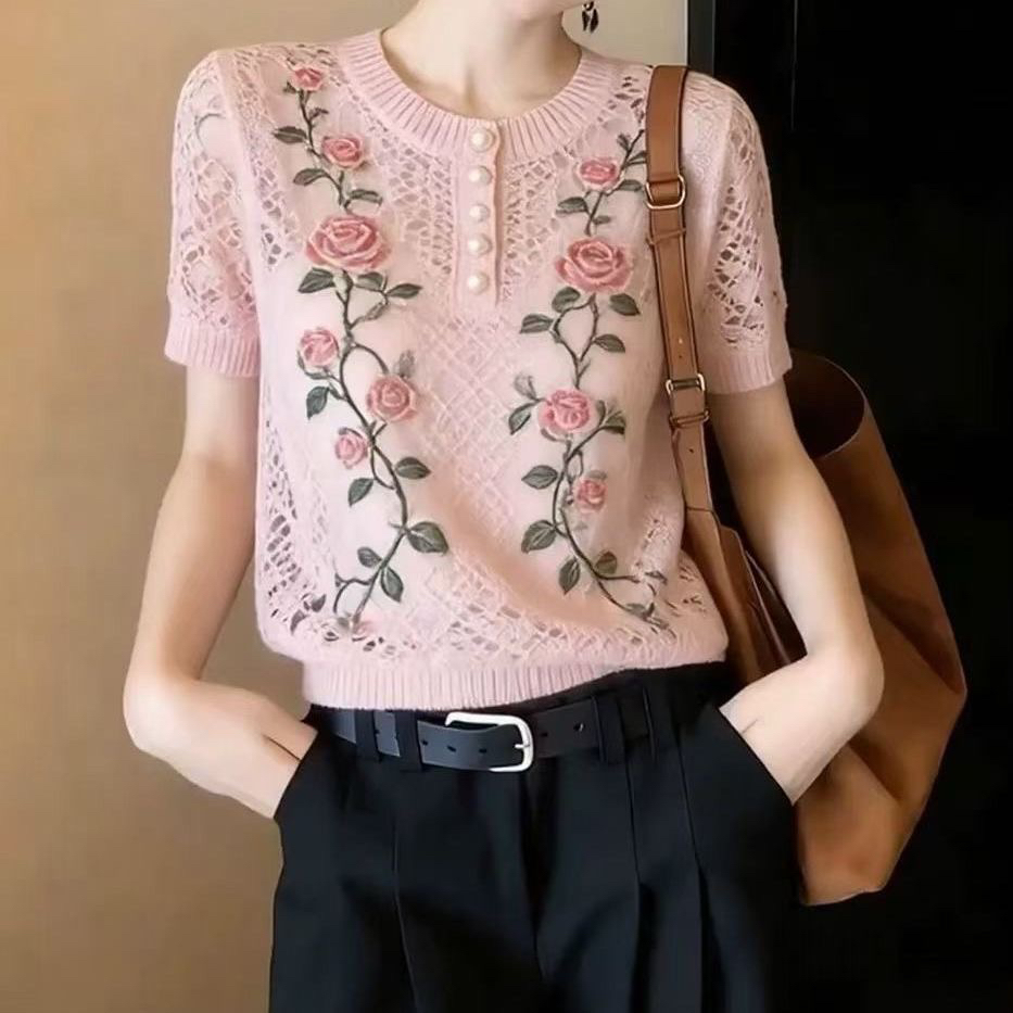 粉紅色韓系圓領玫瑰印花針織T恤女2026夏季新款輕薄透氣大碼上衣