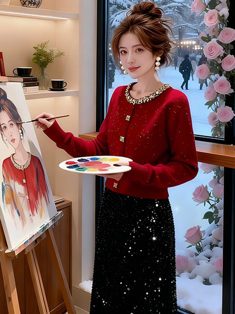 高級感小香風修身顯瘦上衣女裝2026冬季圣誕穿搭重工鑲鉆長袖毛衣