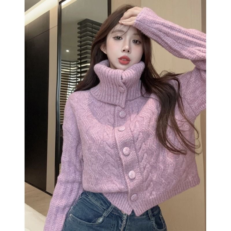 紫色高領毛衣女秋冬慵懶風超好看設計感打底衫漂亮時尚針織上衣服